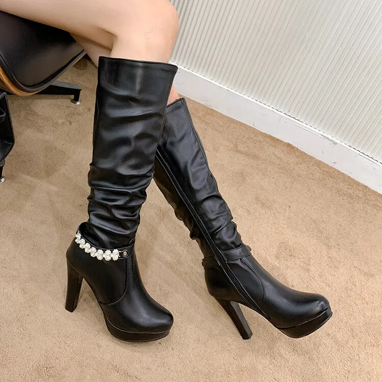 Women's Rhinestone Buckle Straps Side Zippers Block Chunky Heel Platform Knee High Boots