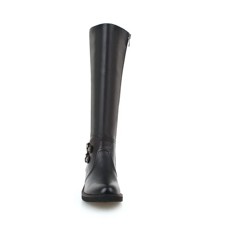 Women's Side Zippers Buckle Straps Low Heels Knee-High Boots