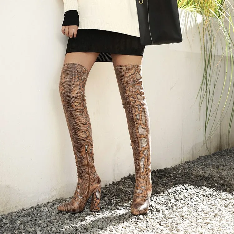 Women's Snake Pattern Pointed Toe Side Zippers Block Heel Over the Knee High Boots