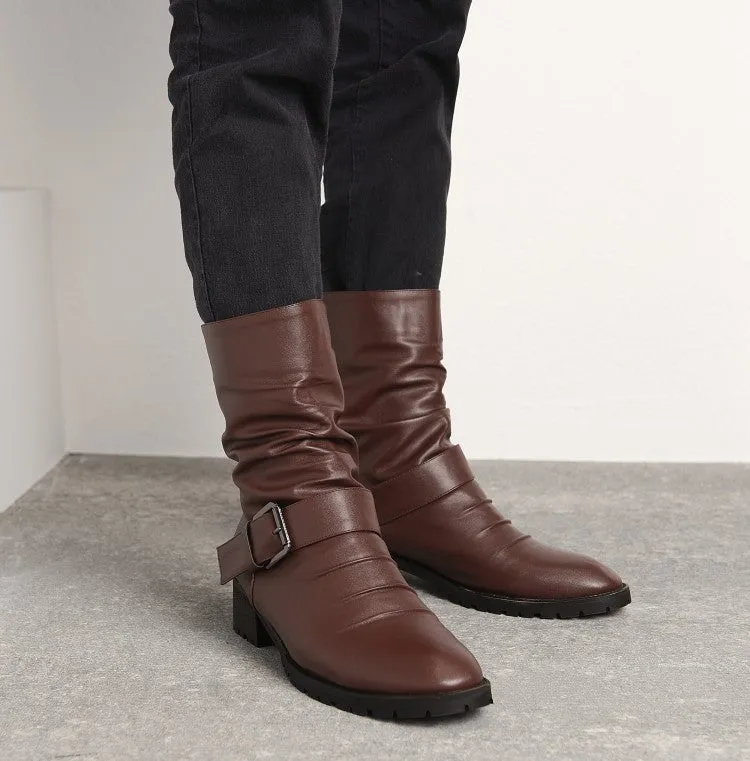 Women's Soft Pu Leather Middle Heels Short Boots